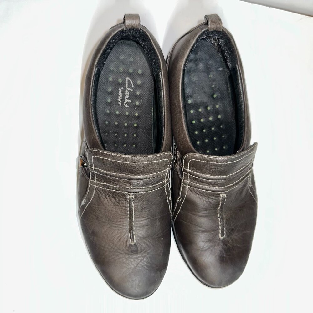 Clarks Wave Comfort Shoes Women's Sz 7.5M Dark Grey Leather Slip On Round Toe
